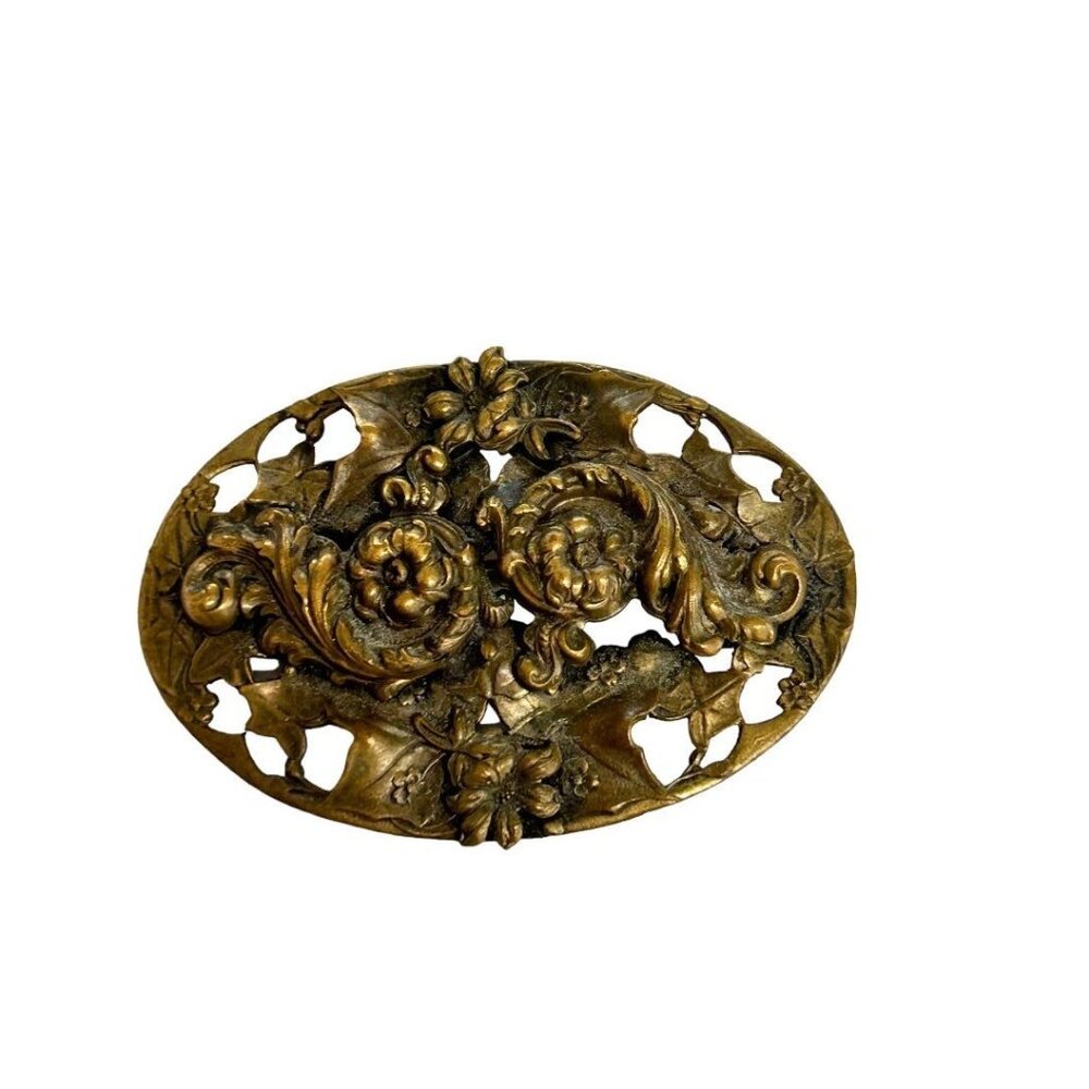 Statment Antique Brass Floral Repousse Brooch Large Oval Art Nouveau Swags Flowe